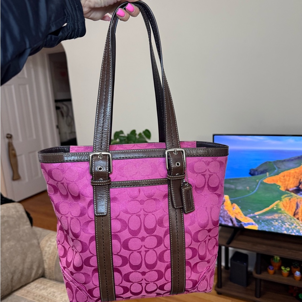 ** SOLD ** Coach Fuchsia and Brown Signature Tote